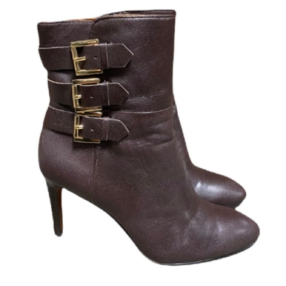 Nine West Brown Leather Buckle Heeled Bootie Size 8.5